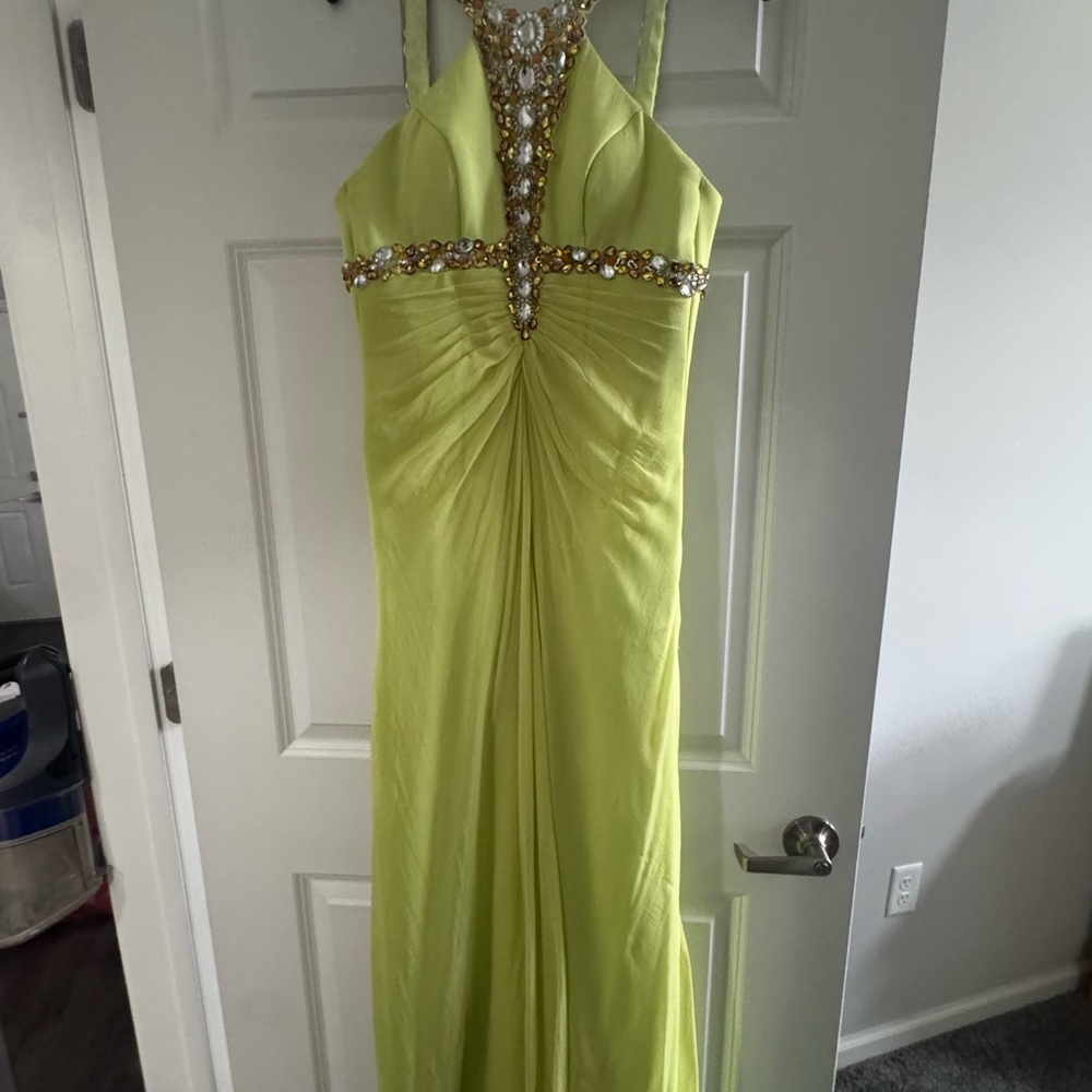 Tiffany Designs Lime Green Jeweled Halter Prom Gown
